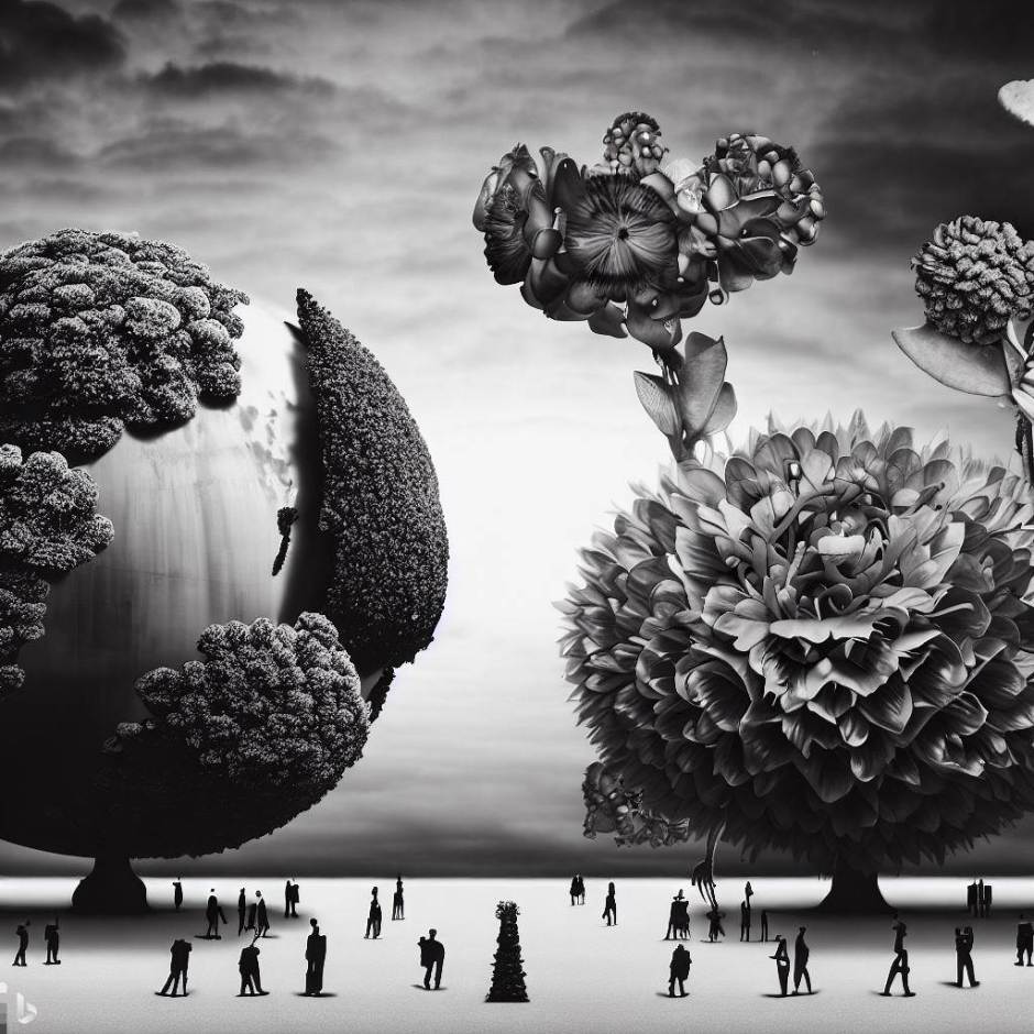 scene with people walking in a surreal world made of flowers