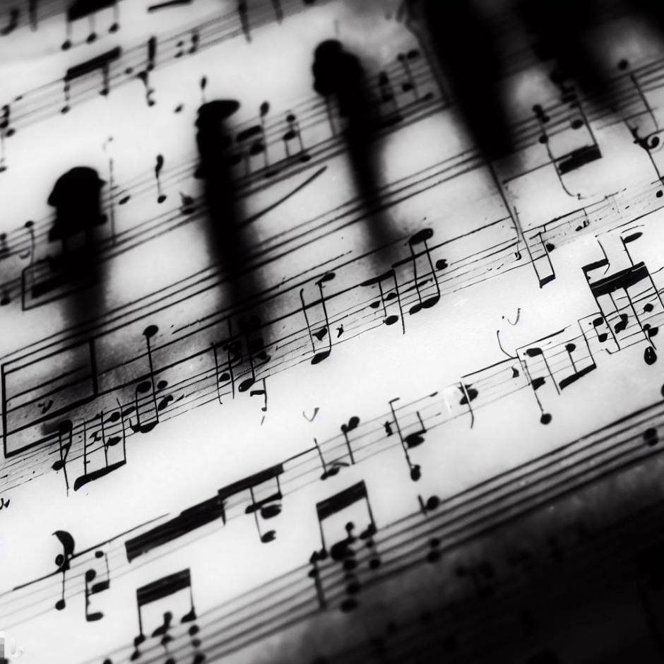 musical score with shadows resembling human figures