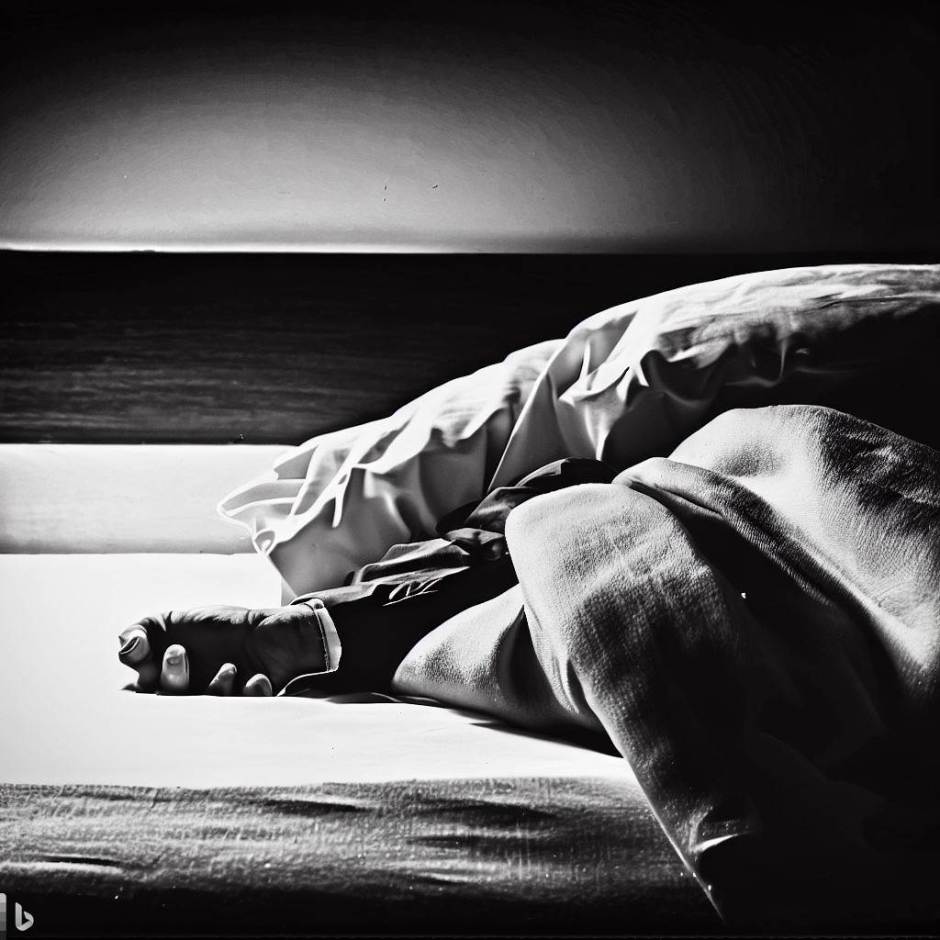 the hand of someone buried in the sheets on the bed