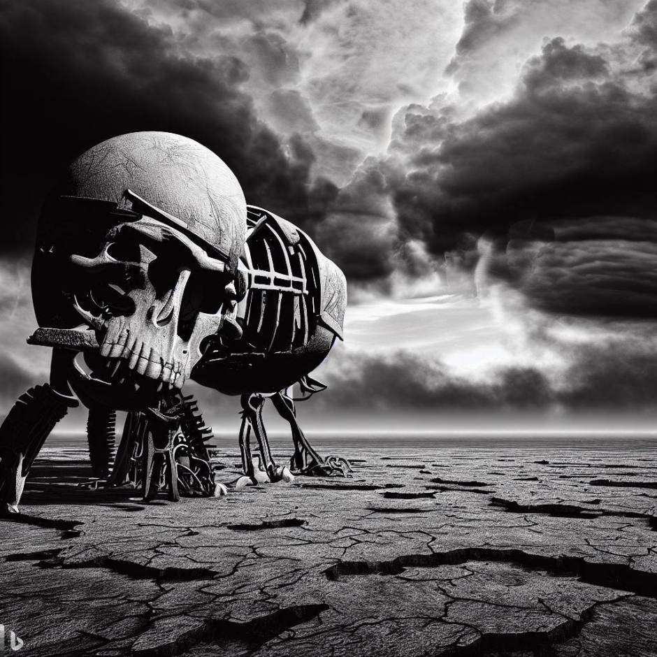 surreal construction of human skull and bones on arid desolate land