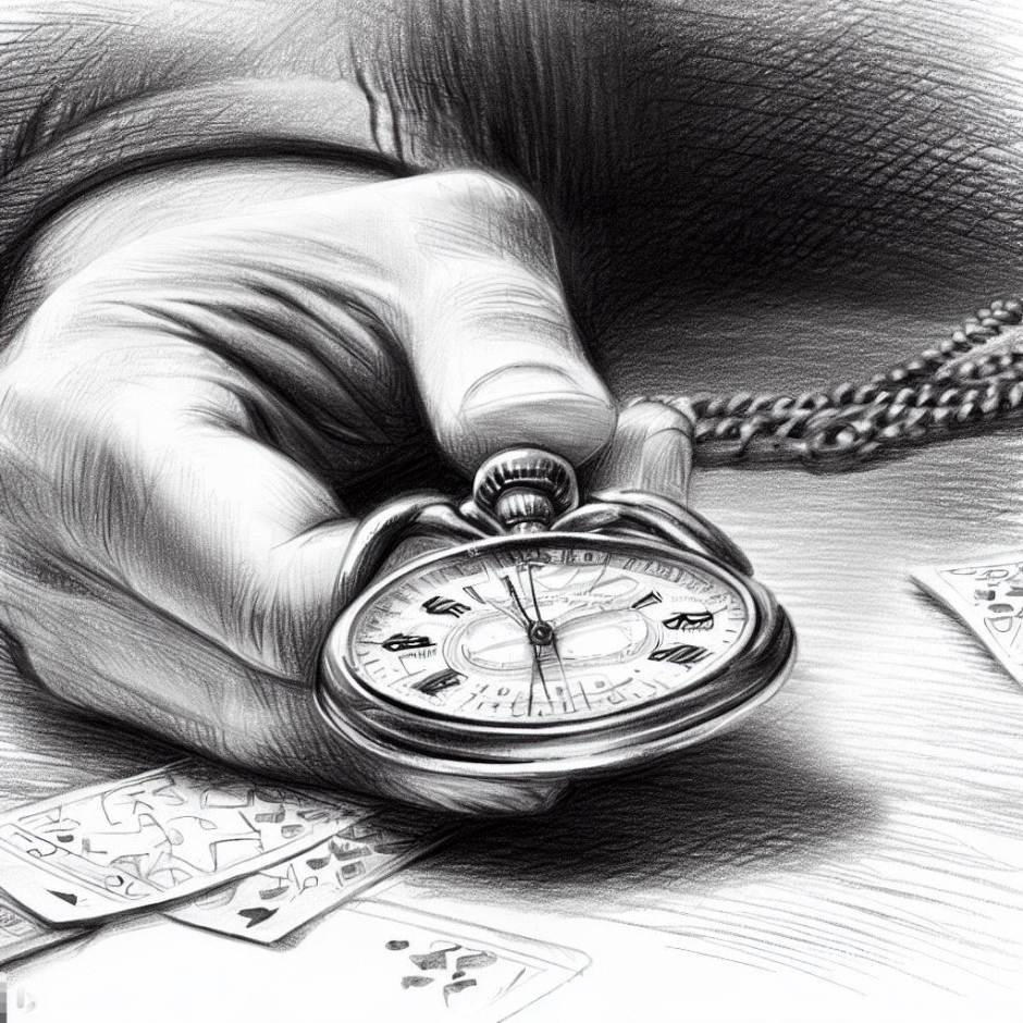 pencil sketch of a hand holding a pocket watch and playing cards on the table