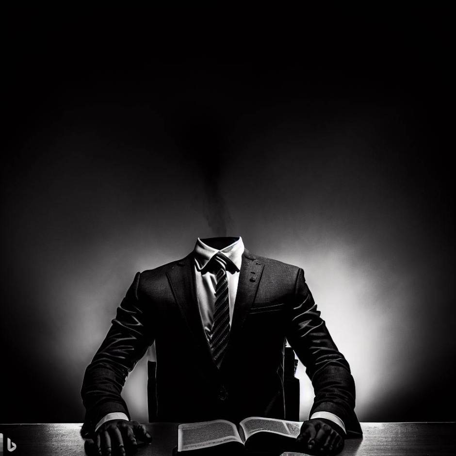 headless man in a suit sitting at a desk with an open book