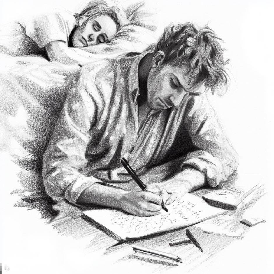 a man in pajamas is writing something in a notebook by the bed where someone is sleeping