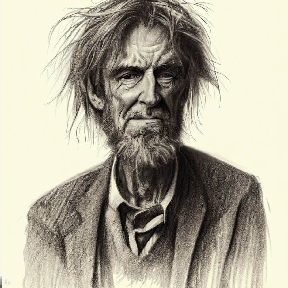 pencil sketch of a middle aged man with disheveled hair and beard