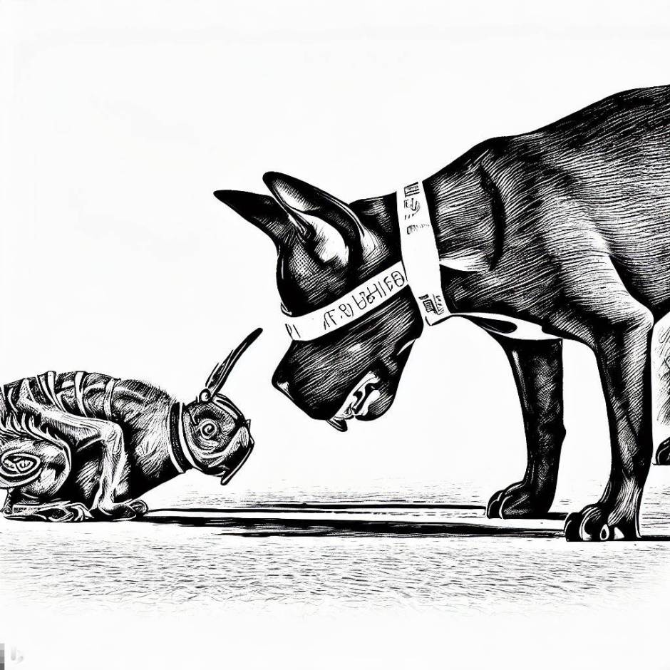 drawing of a mad dog leaning over a rabbit