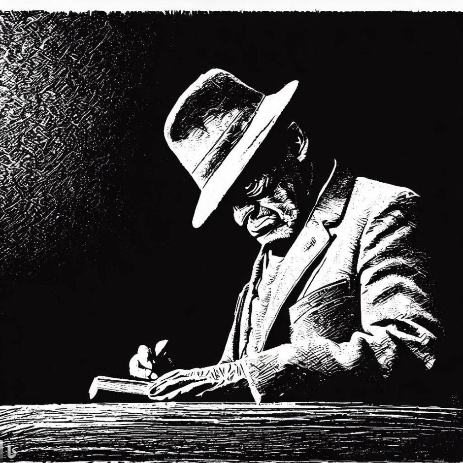 an old man in a hat writes something in a notebook