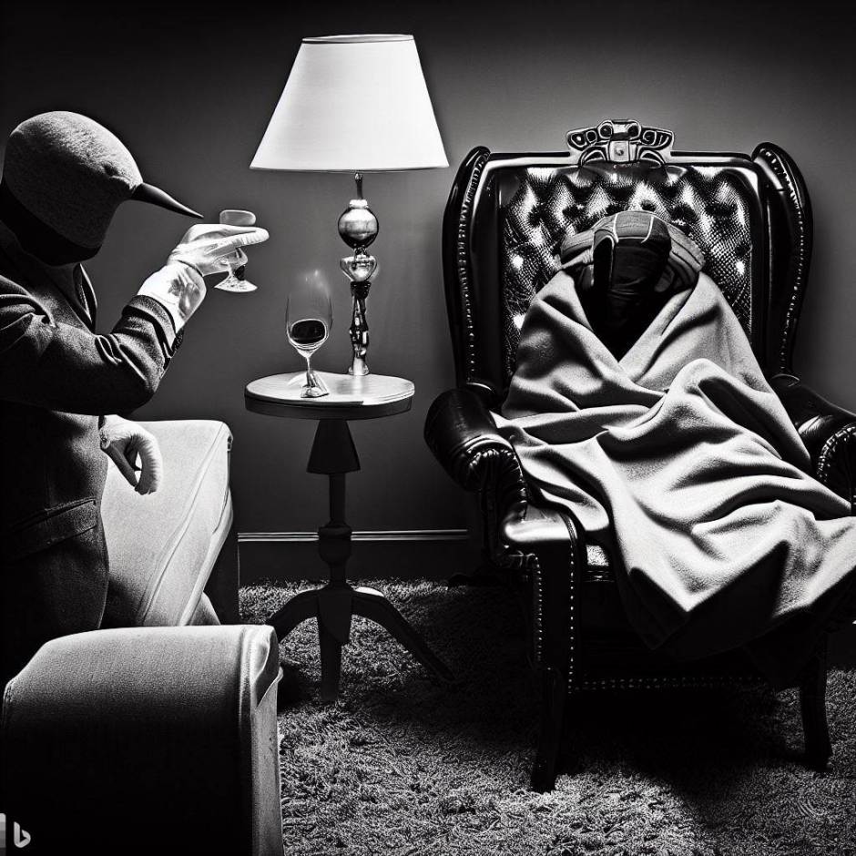 surreal scene with two figures, one with a bird's head and a glass of wine, the other wrapped in a plaid sitting on an elegant armchair
