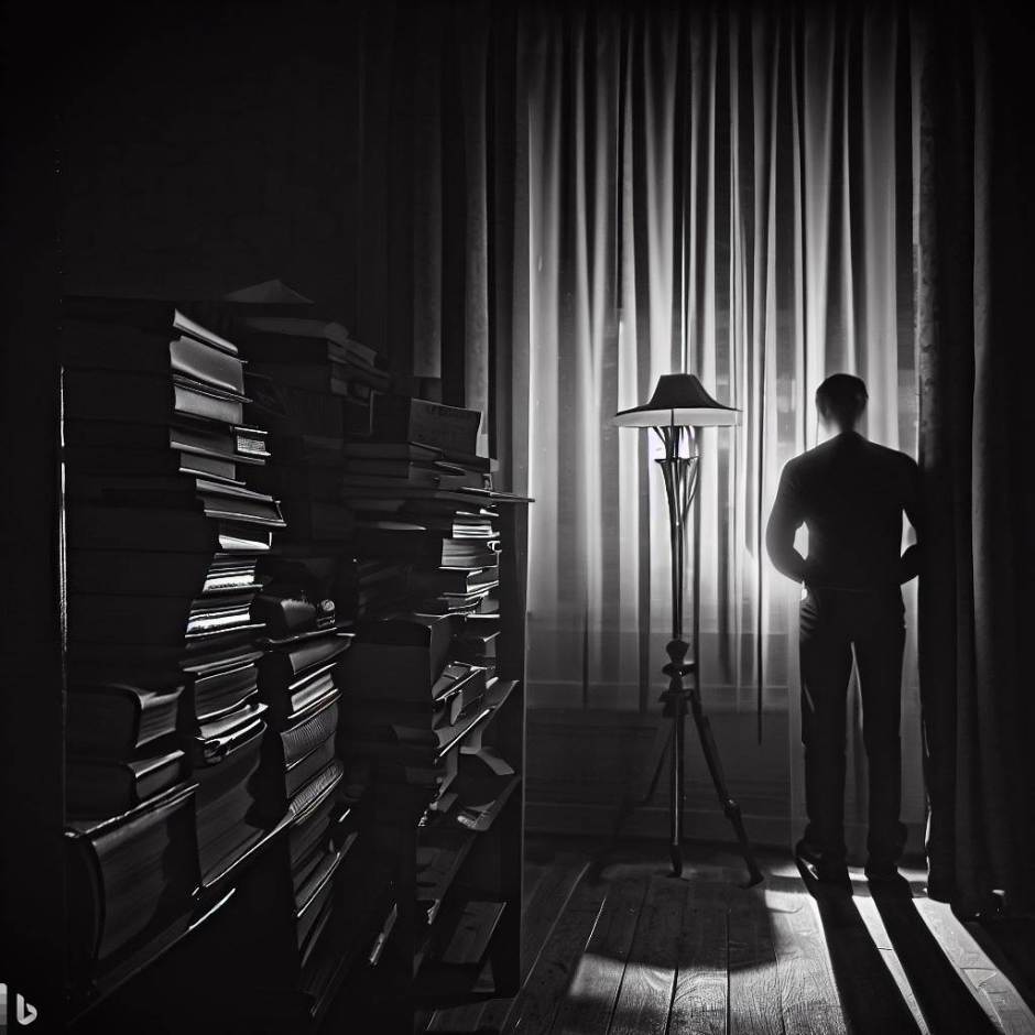 a man in a room full of books stands by the window and reads by the light of the streetlamps