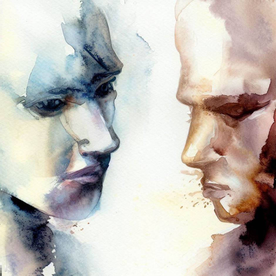 two faces facing each other, one with eyes open, the other with eyes closed