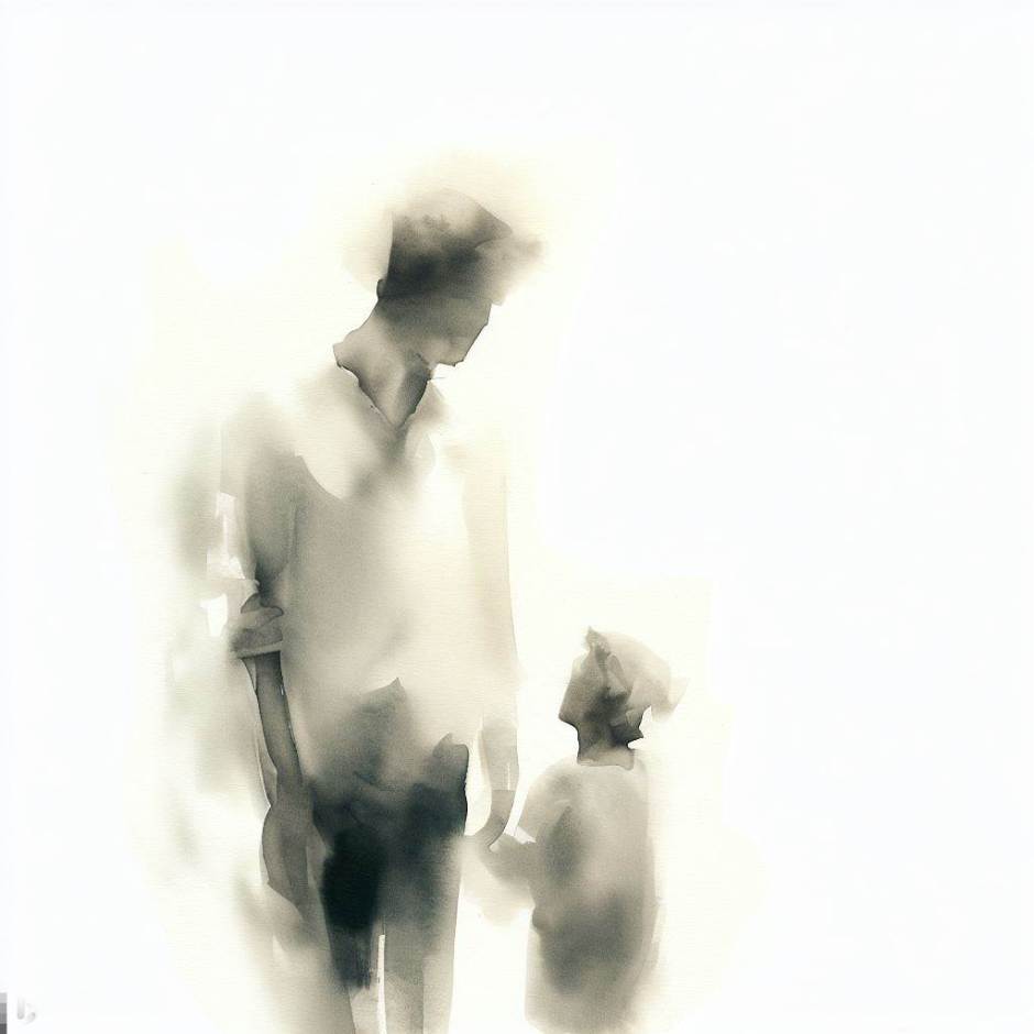 watercolour showing the contours of a man with a boy where the boy is trying to turn the man from the current path