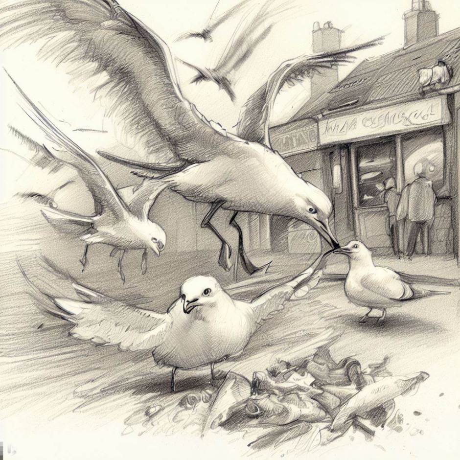 seagulls fighting over food scraps in front of a chip shop