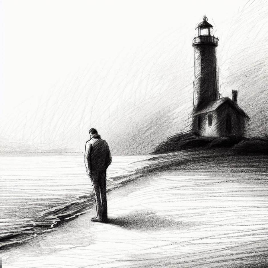 Lonely man on the beach near the lighthouse