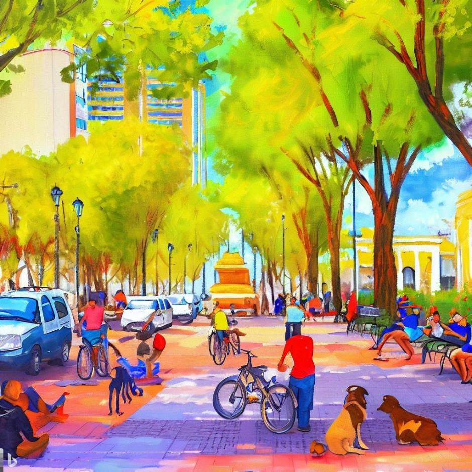 colorful image of the city in the afternoon with people relaxing in the park