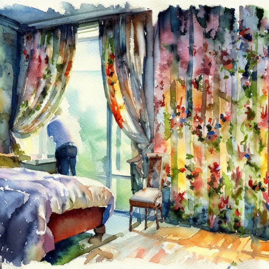 a man in a bedroom with ugly curtains