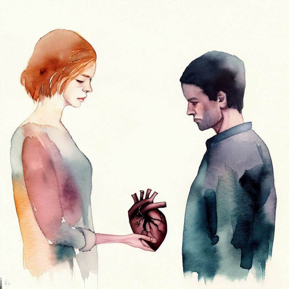 a woman with her eyes closed gives an anatomically accurate heart to a man standing in front of her