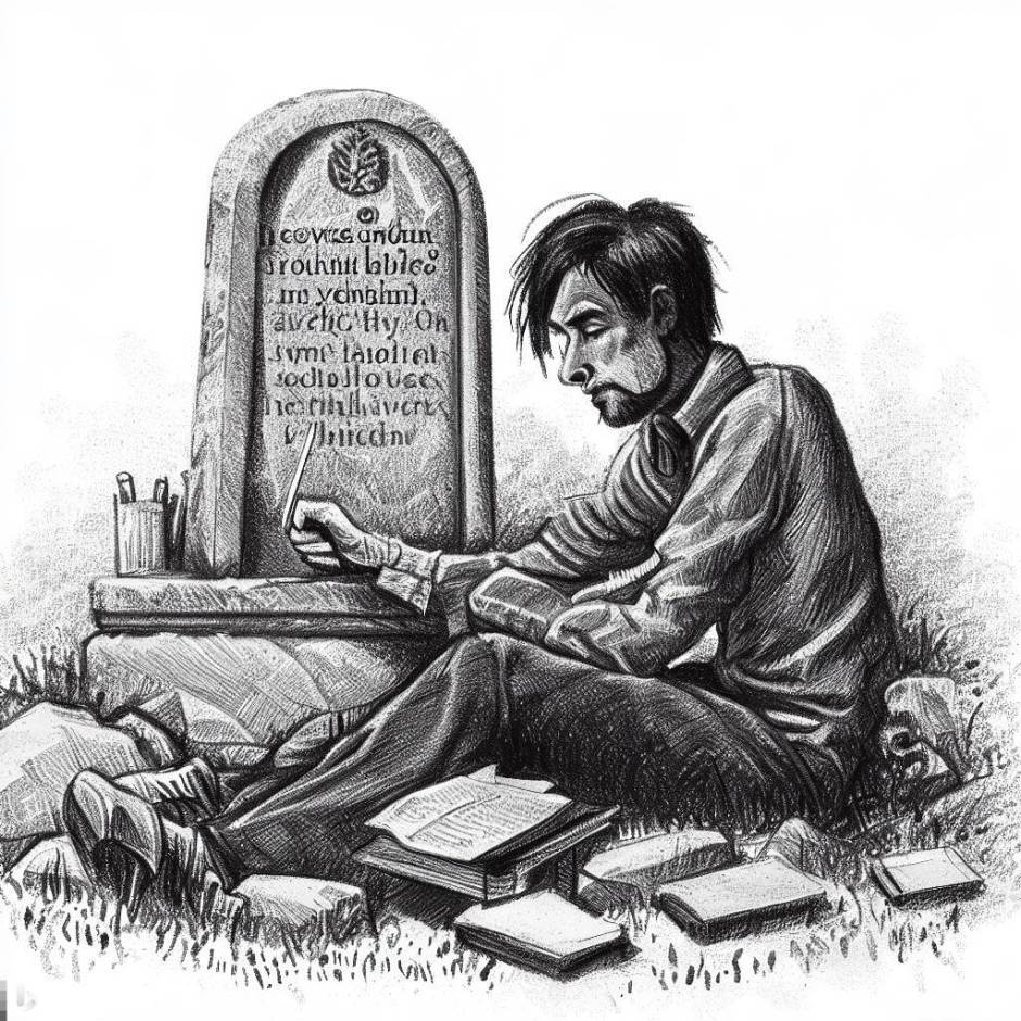 a man with books sits by a tombstone