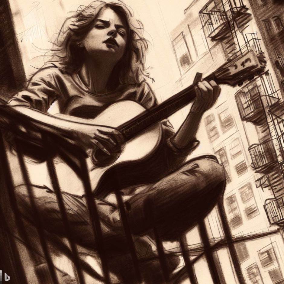 young woman playing guitar on fire escape in New York City
