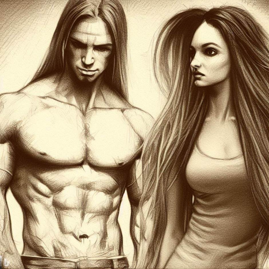 young shirtless man showing perfect musculature and young woman with ultra long hair
