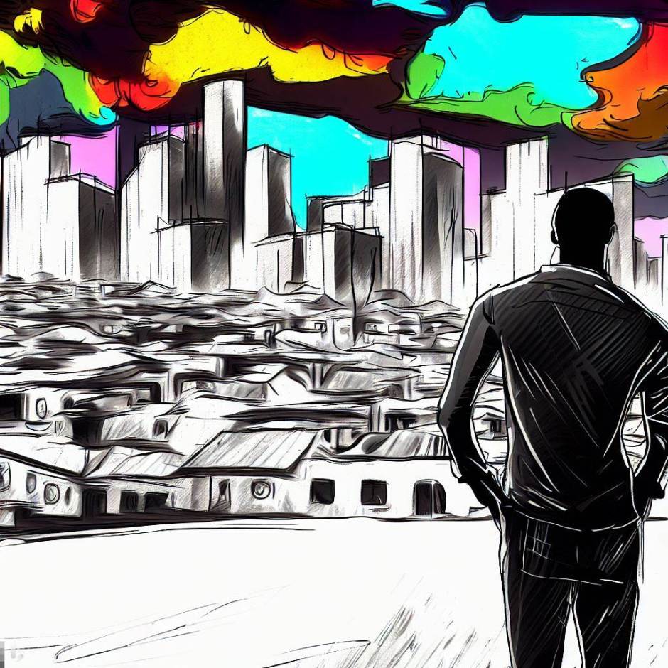 a black and white man looks at a black and white cityscape where colorful clouds are coming