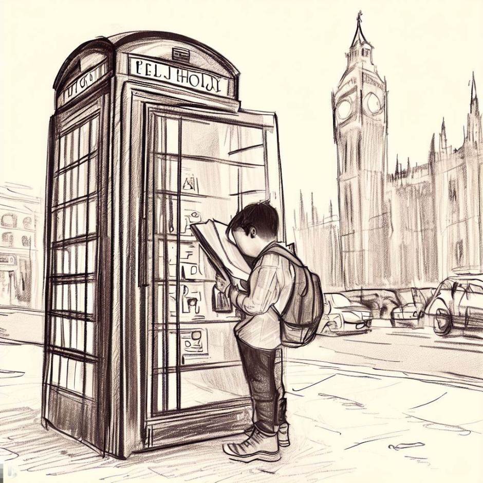 A boy in front of a phone booth in London is looking through a thick phone book