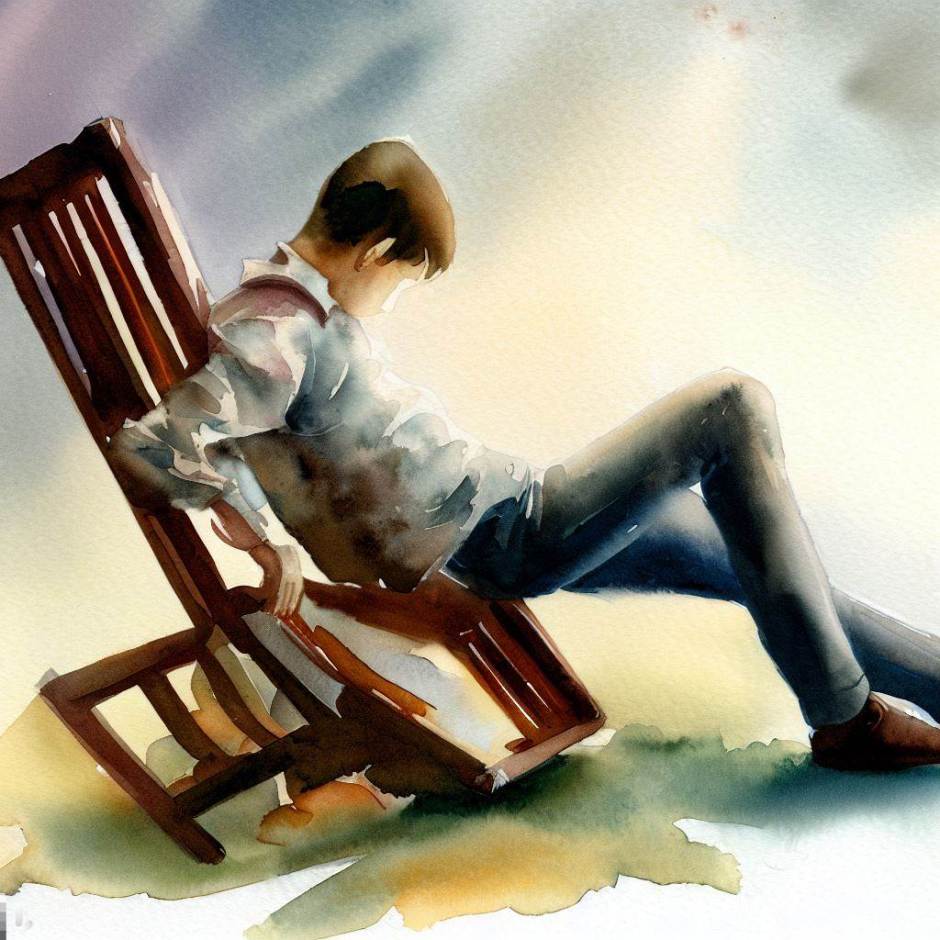 watercolour of a chair falling apart when a man sat on it