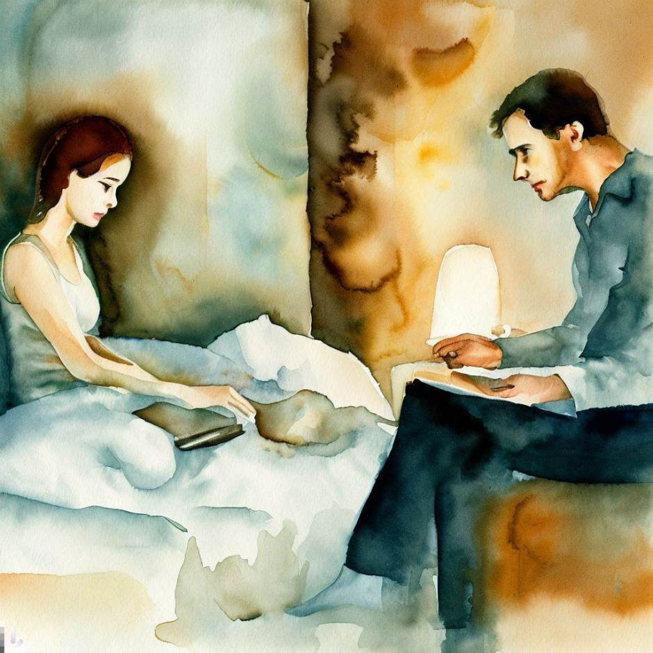 watercolour painting of a married couple with problems in the bedroom