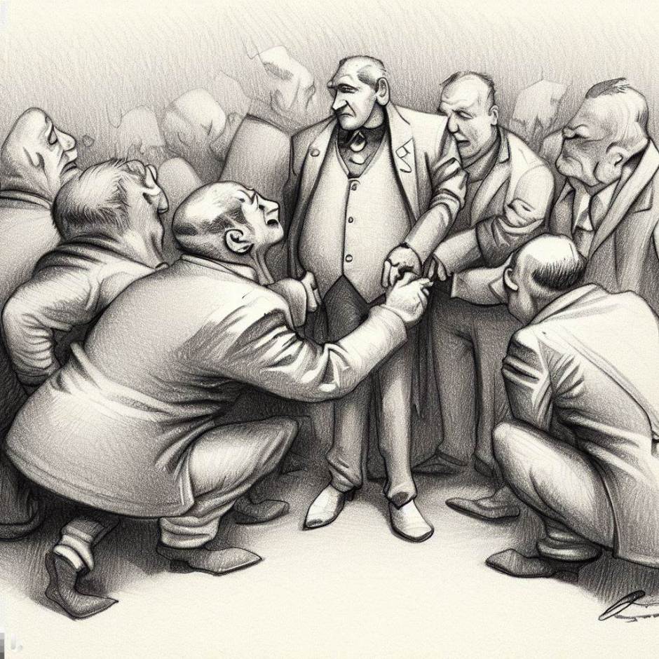 man surrounded by sycophants, flatterers, and toadies