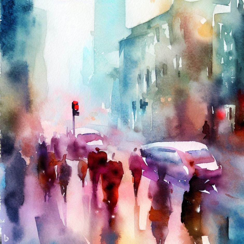 watercolour with a view of the city centre in the middle of the day