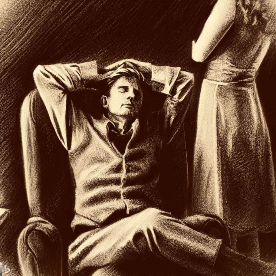 A woman is looking at a man who is sitting in an armchair with his hands behind his head