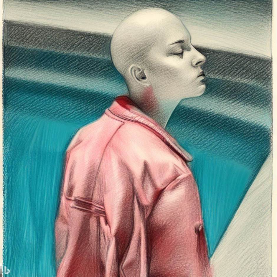 a figure in a pink jacket on the edge of a swimming pool