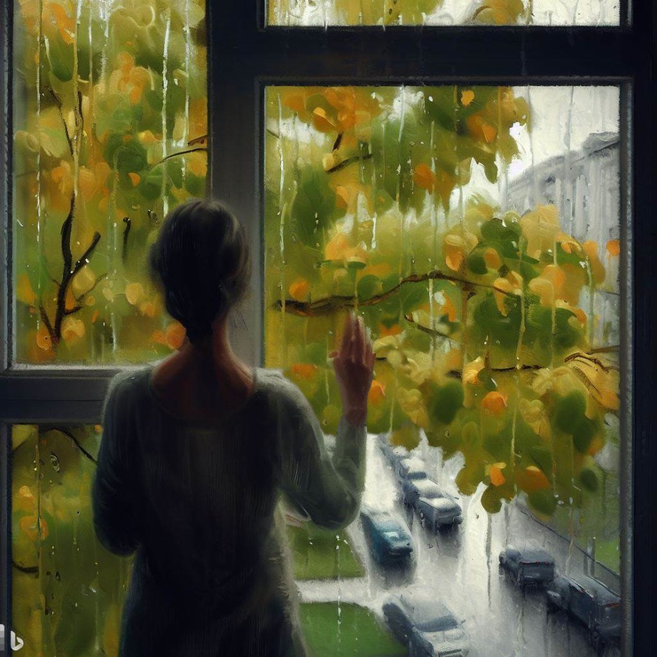 a woman is looking at a tree opposite her window on a rainy day