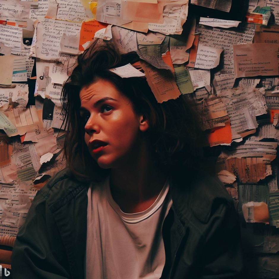 young woman lying among scraps of paper with notes