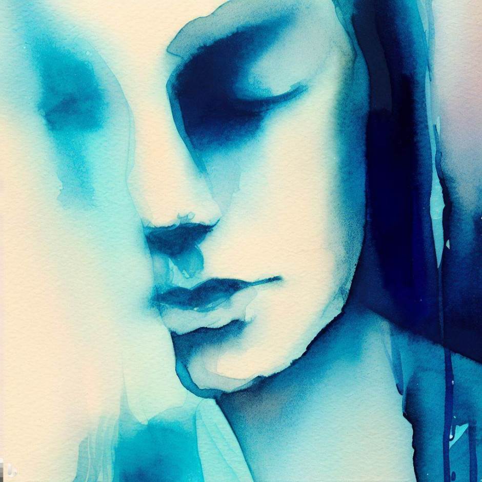 blue watercolour portrait of a young woman with closed eyes