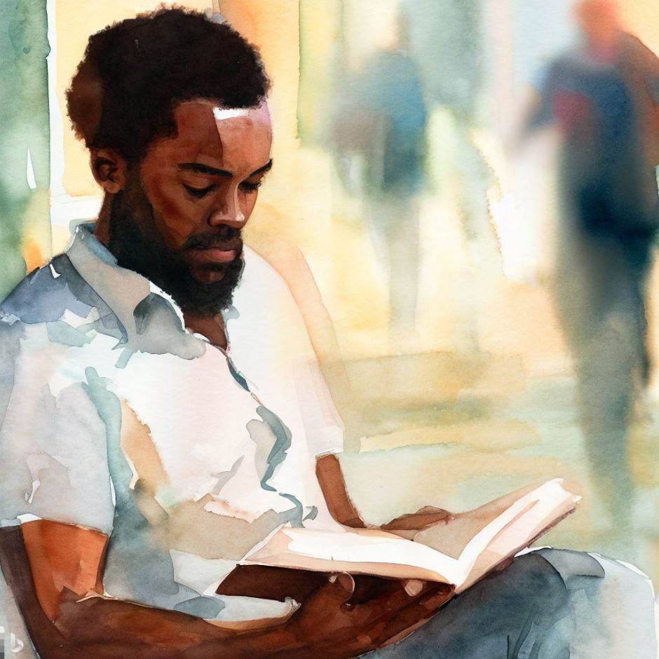watercolour of a man reading a book in a public place