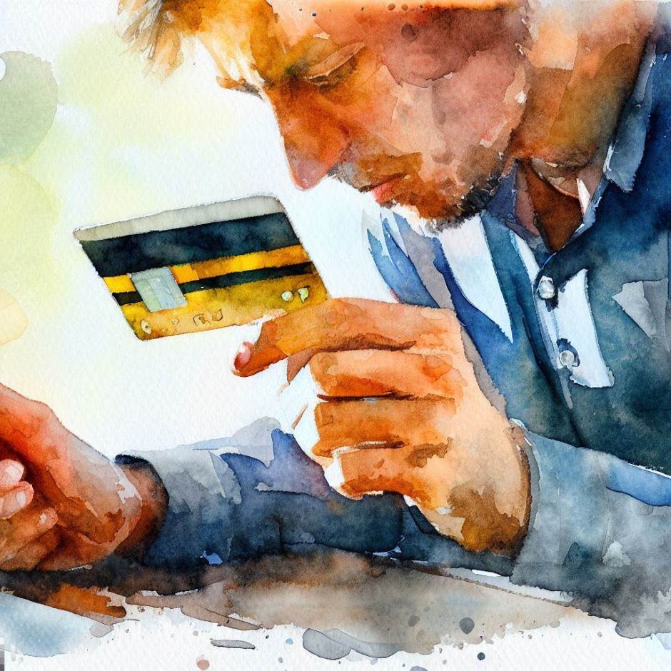 watercolour with a man paying with a credit card