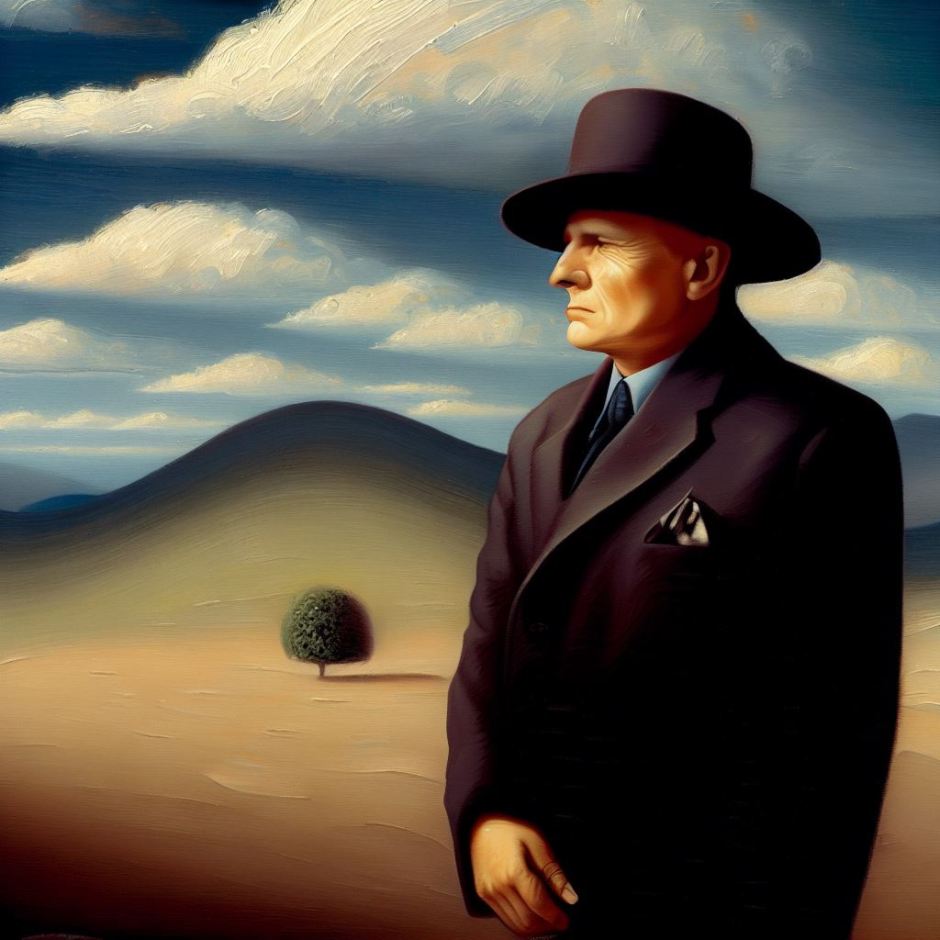 an oil painting with an older man in a suit and hat against the background of a hill and a single tree in the distance