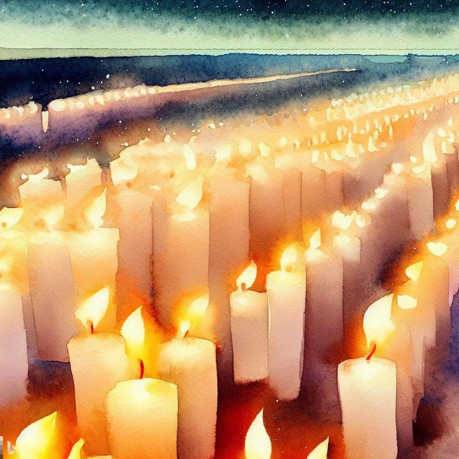 watercolour with lighted candles stretching to the horizon