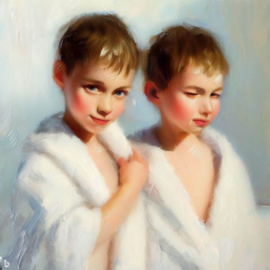 an oil painting of two brothers in bath towels