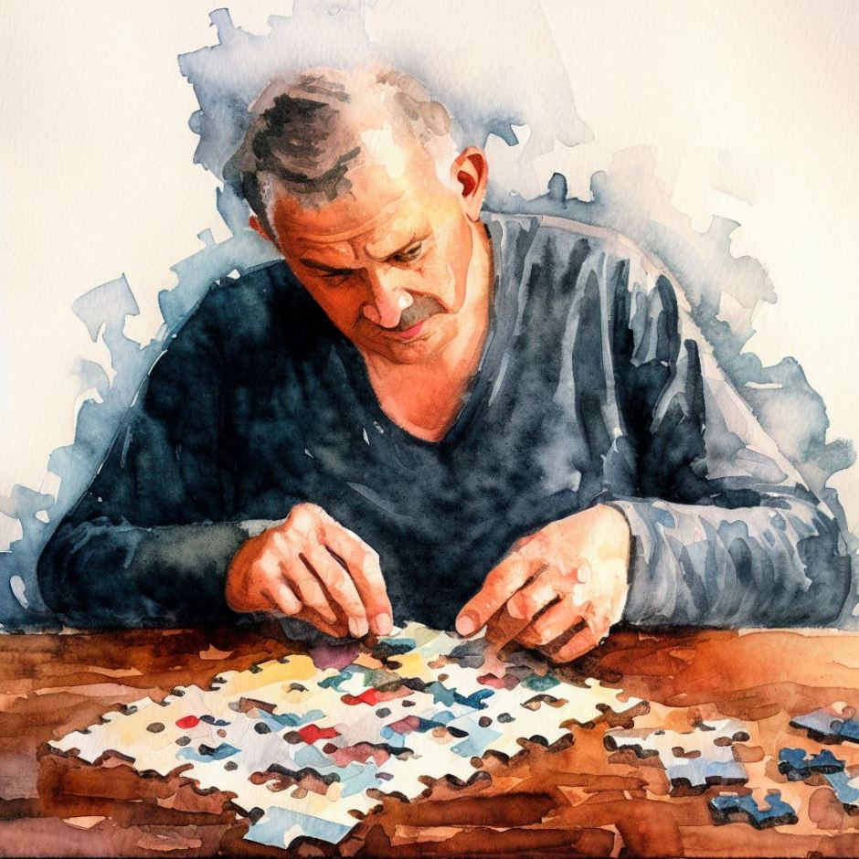watercolour with a man putting together a puzzle on the table
