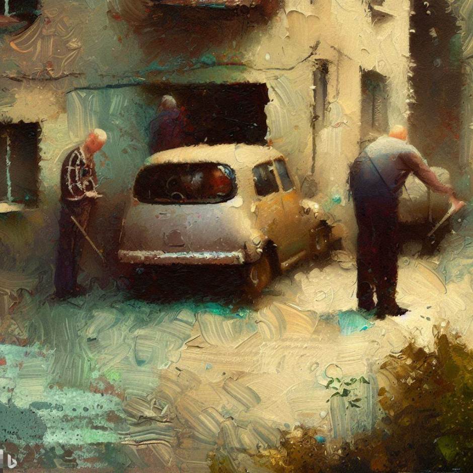 an oil painting with two old men next to a car in front of the house