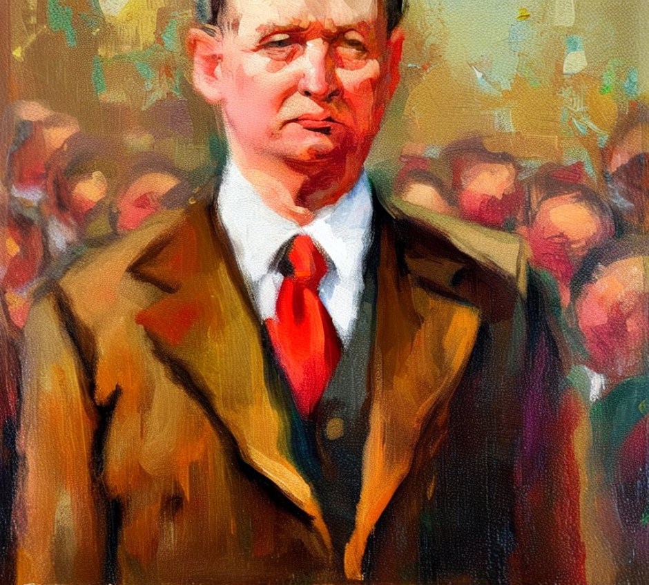 an oil painting with a communist apparatchik and a crowd in the background