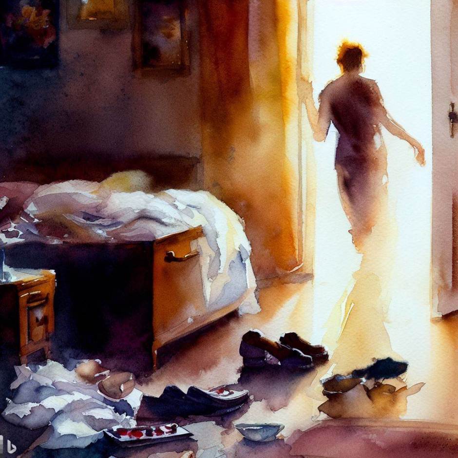watercolour with a person leaving the bedroom