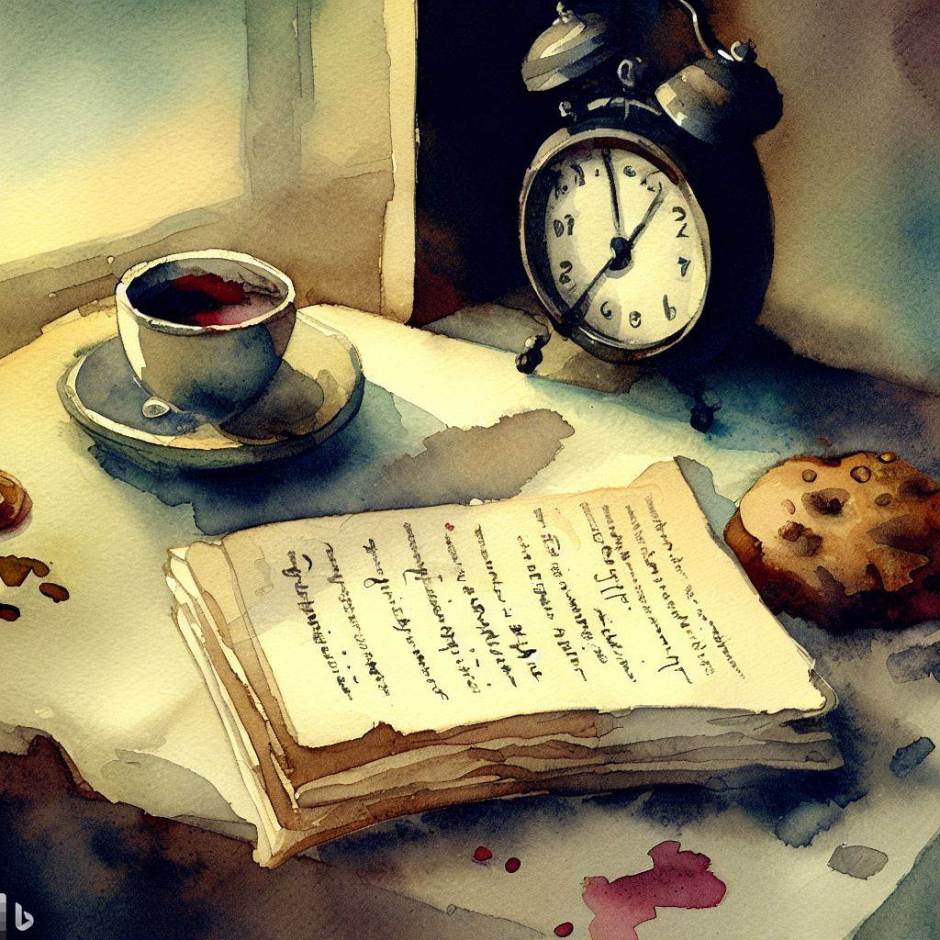watercolour with a clock, notes, a cup of tea and a cookie on the table