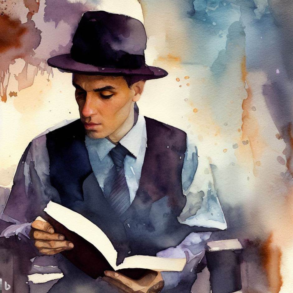 watercolour of a young man wearing a fedora and holding an open book