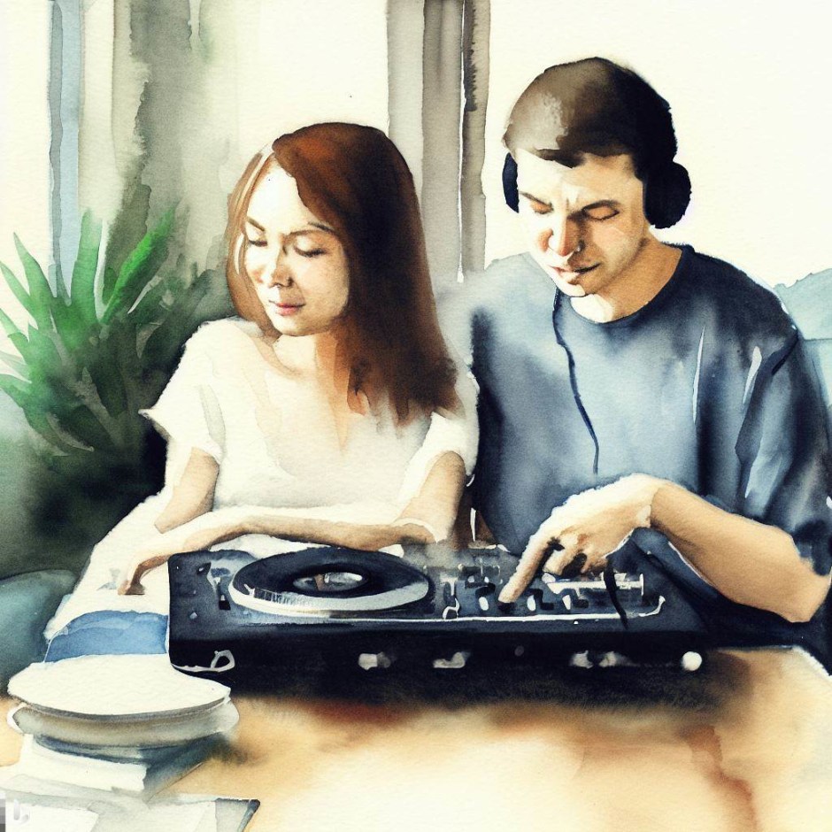 watercolour of a couple listening to a turntable
