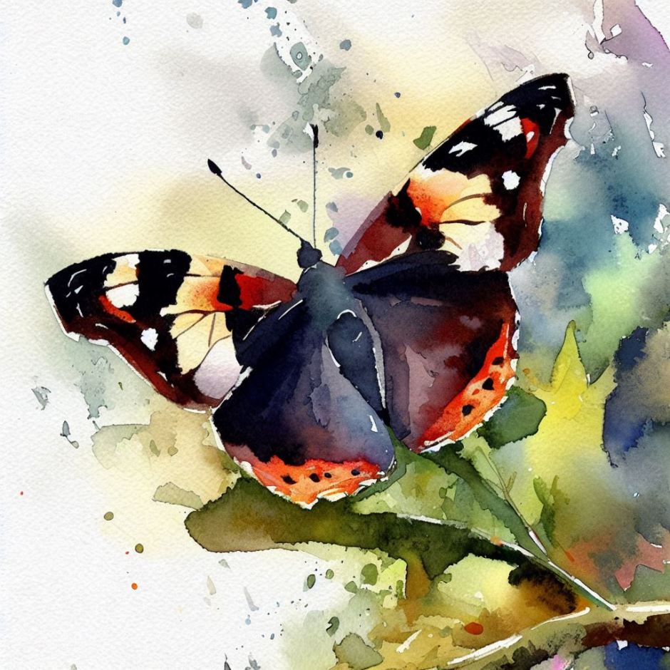 watercolour with a red admiral butterfly sitting on a tree branch