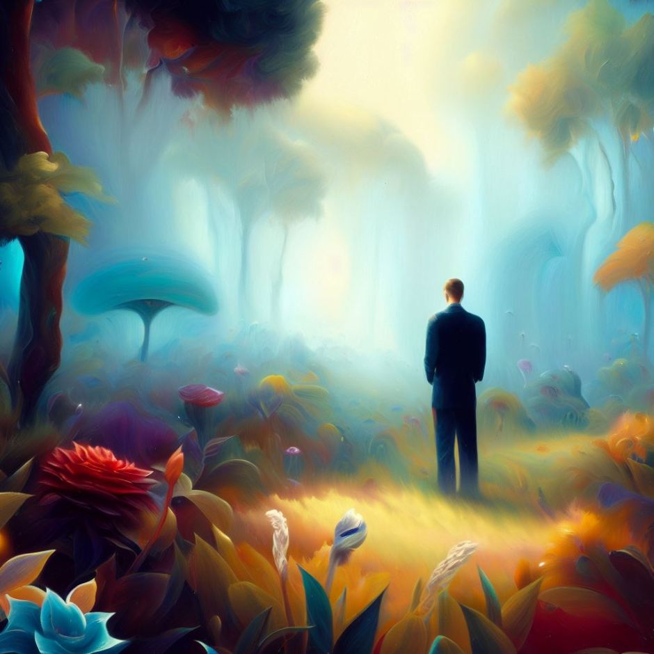 surreal oil painting with man in paradise
