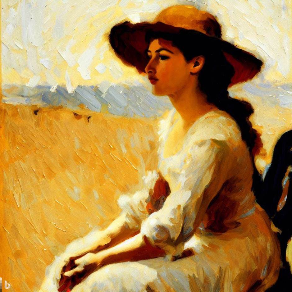 oil painting with a young woman in a hat sitting on a chair in the sun