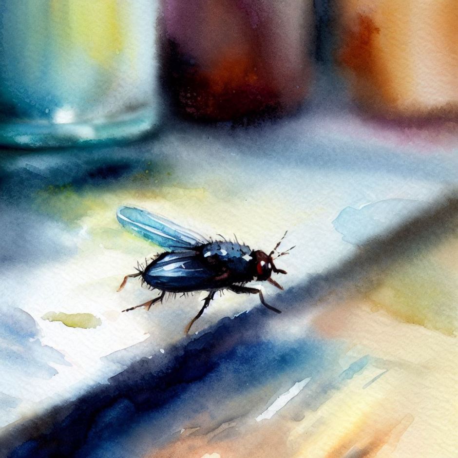 watercolour with a fly in the kitchen