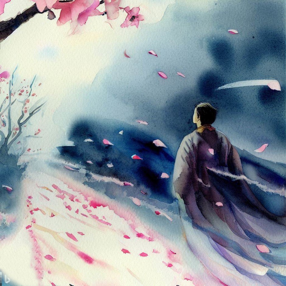 watercolour with a man in a kimono walking among cherry blossom petals at night